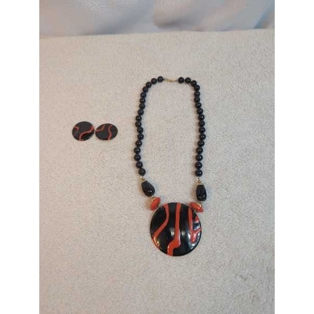 Vintage Black Red Abstract Statement Necklace & Clip Earrings Set